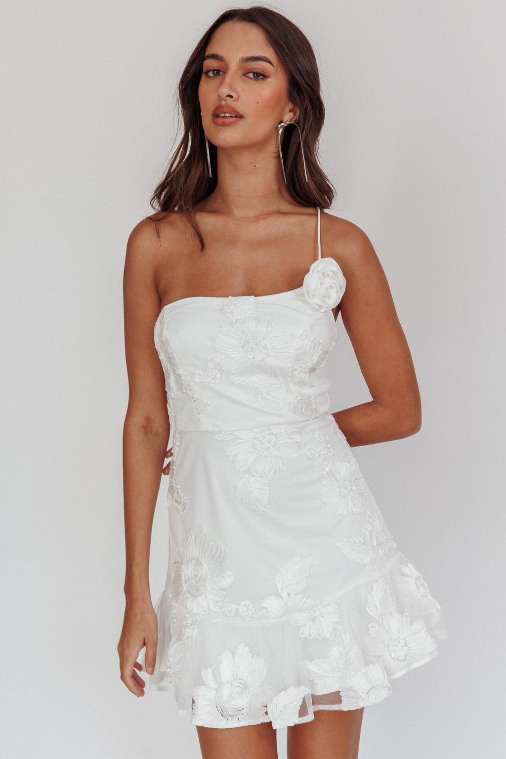 Lilah One-Shoulder Embellished Rosette Dress White by Selfie Leslie