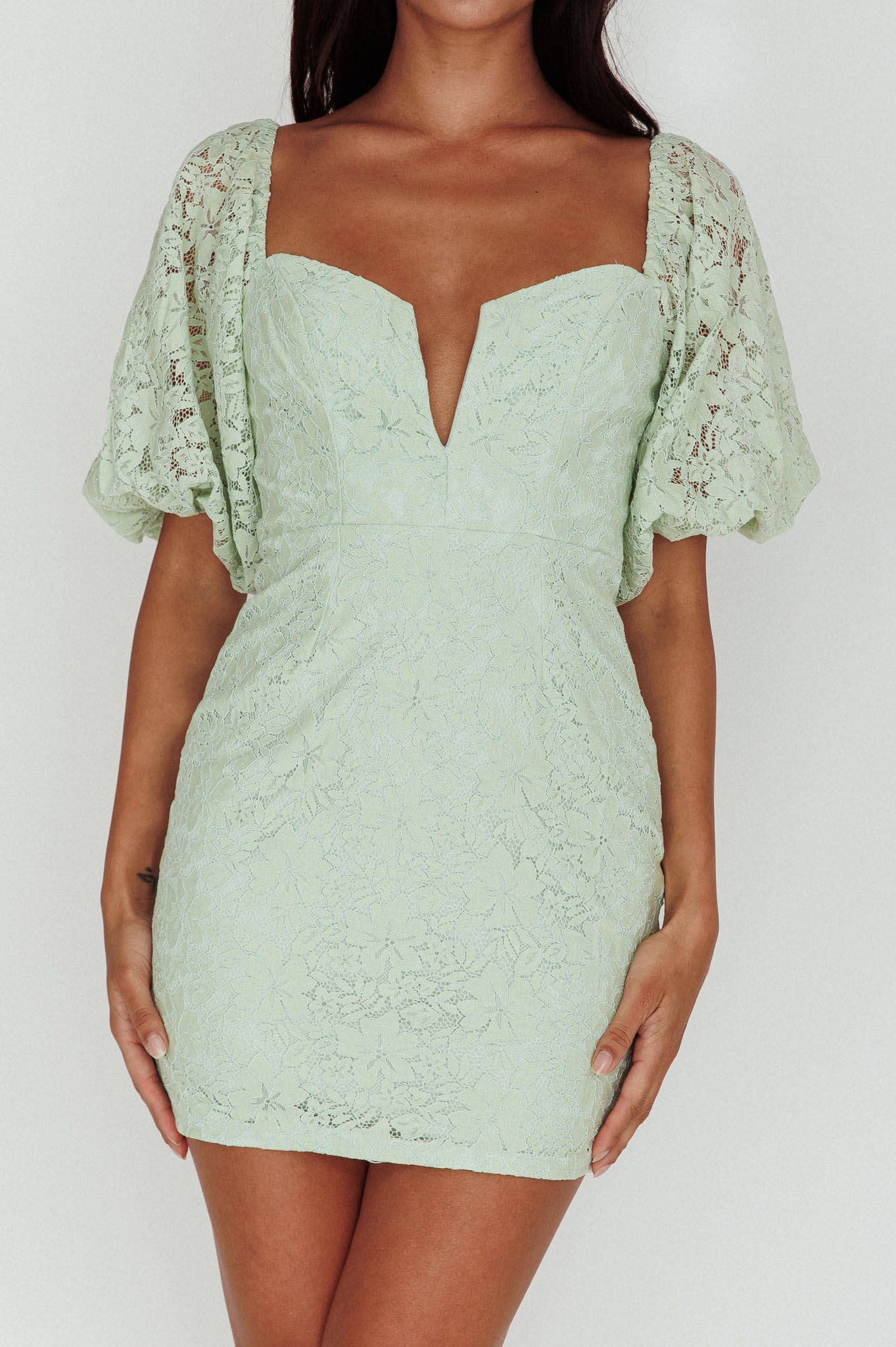 Good Vibes Puff Sleeve Deep V-Neckline Lace Mini Dress Sage by Selfie Leslie