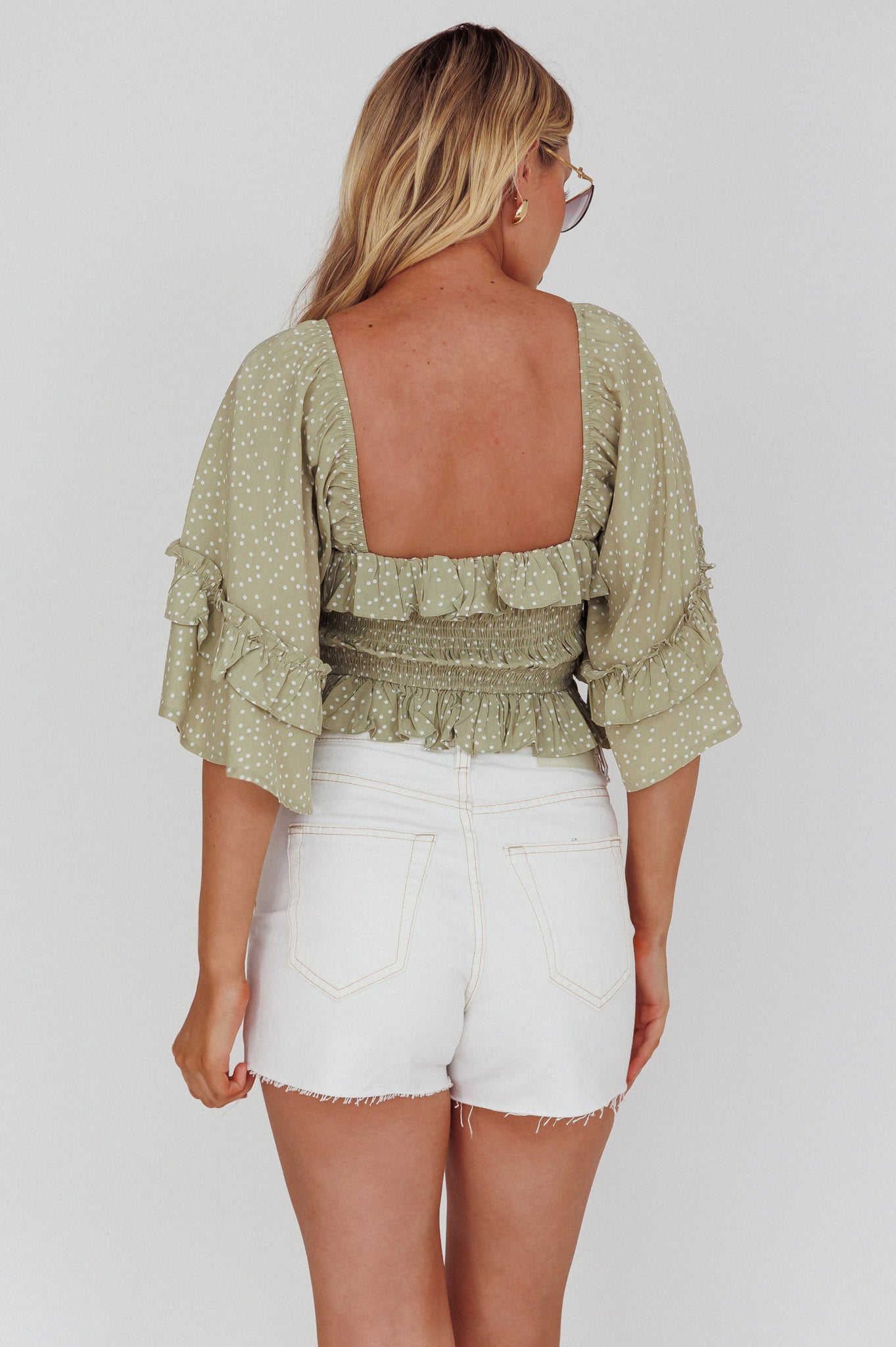 Boardwalk Bell Sleeve Crop Top Spotty Sage by Selfie Leslie