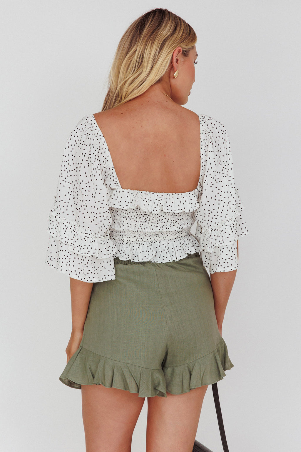 Boardwalk Bell Sleeve Crop Top Spotty White by Selfie Leslie