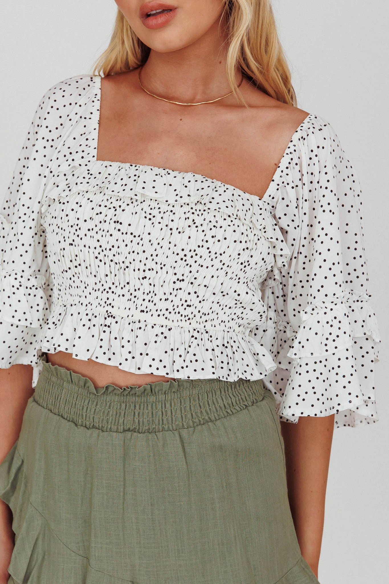 Boardwalk Bell Sleeve Crop Top Spotty White by Selfie Leslie