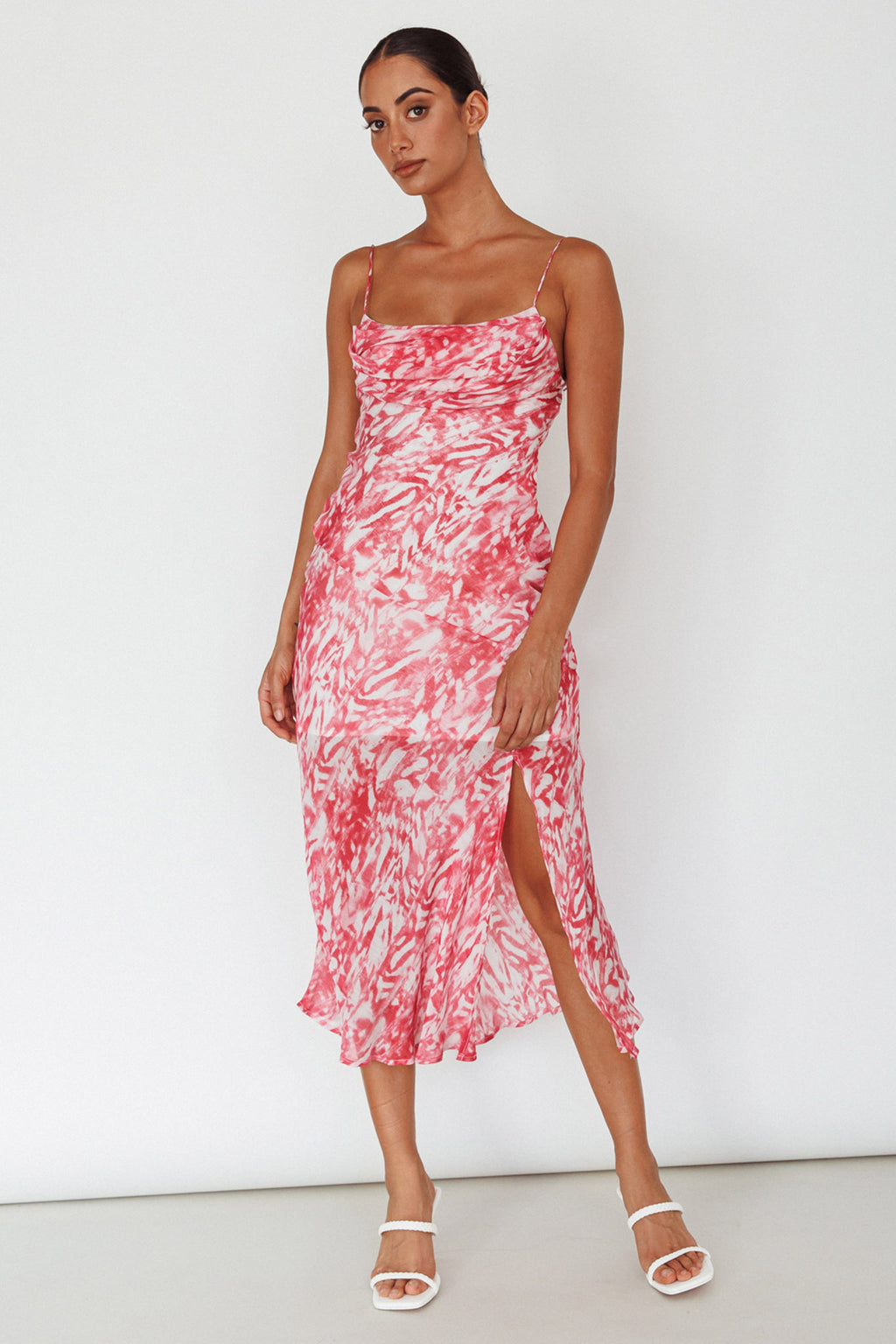 Well Versed Pleated Bust Front Split Dress Swirl Fuchsia by Selfie Leslie