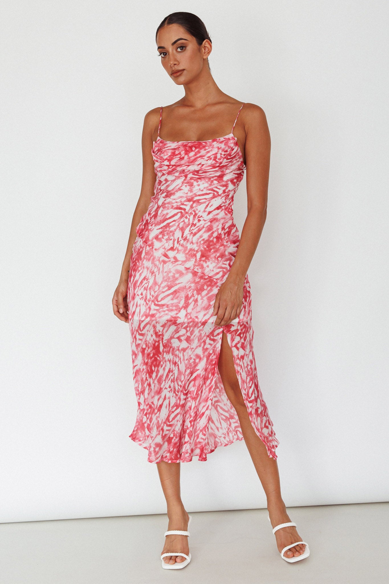 Well Versed Pleated Bust Front Split Dress Swirl Fuchsia by Selfie Leslie