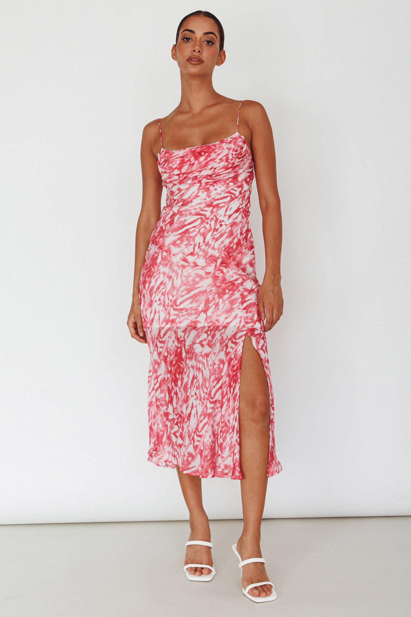 Well Versed Pleated Bust Front Split Dress Swirl Fuchsia by Selfie Leslie