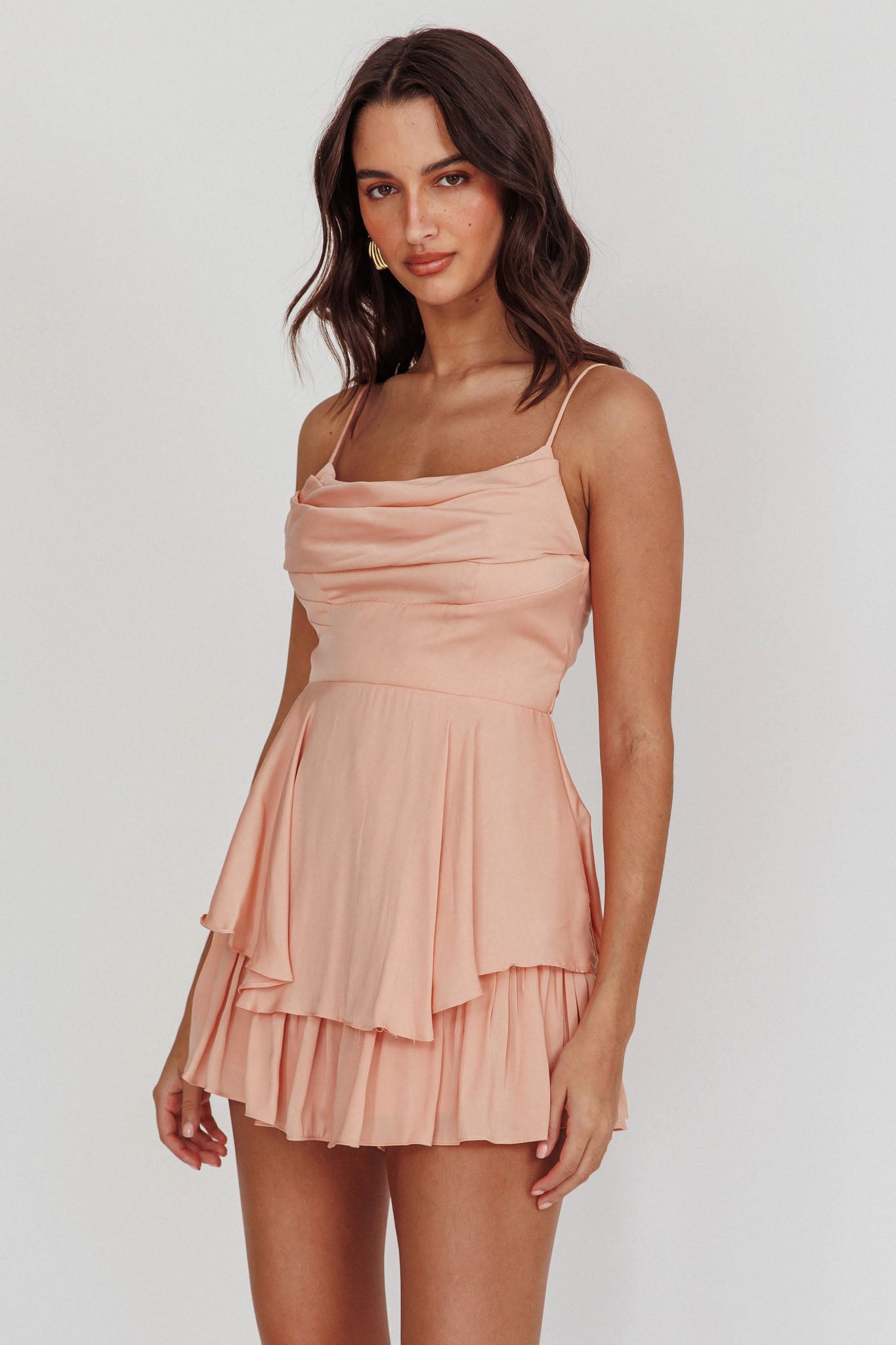 Well Versed Cowl Neck Flounce Romper Peach by Selfie Leslie