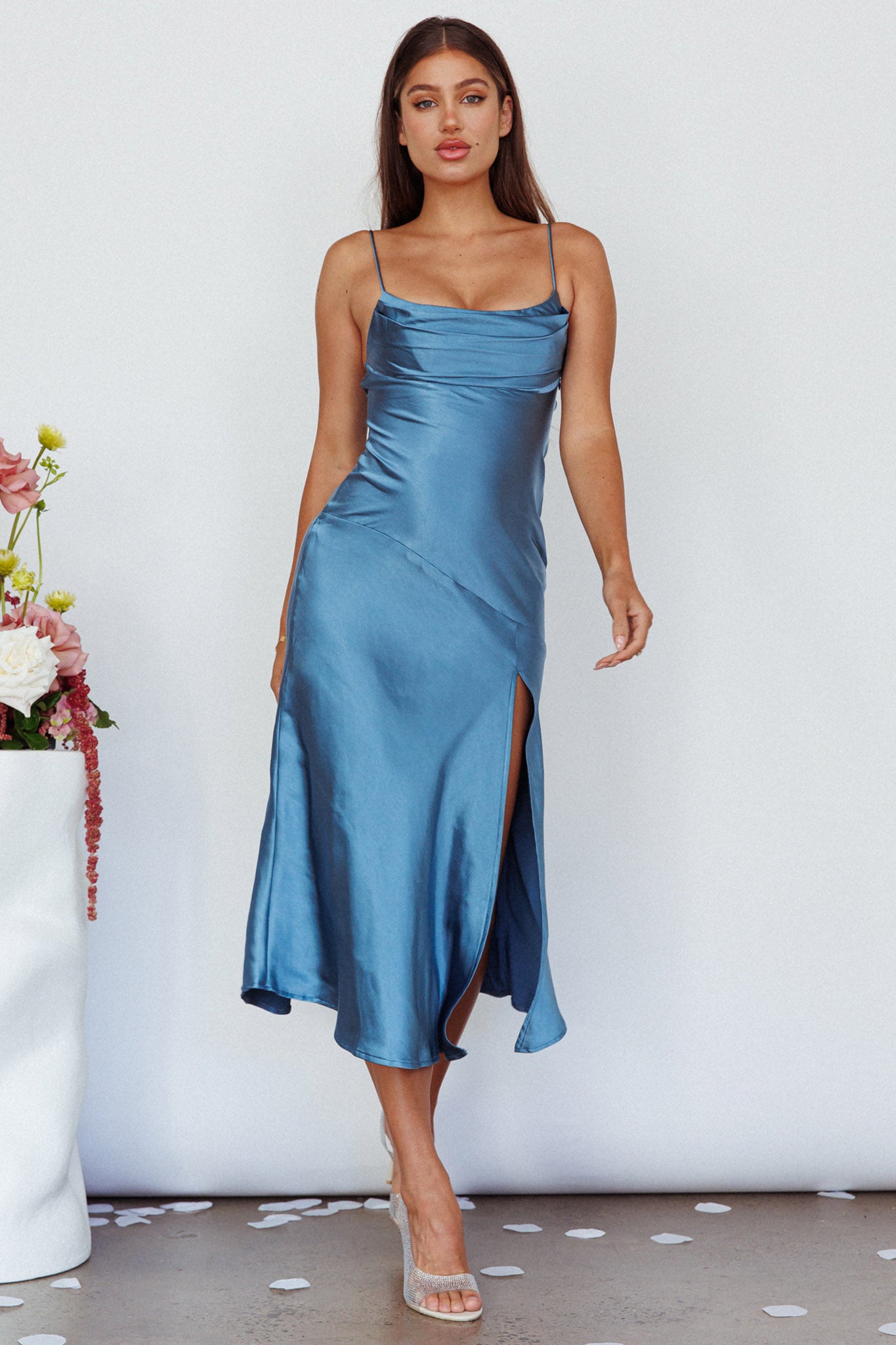 Well Versed Pleated Bust Front Split Dress Satin Midnight Blue by Selfie Leslie