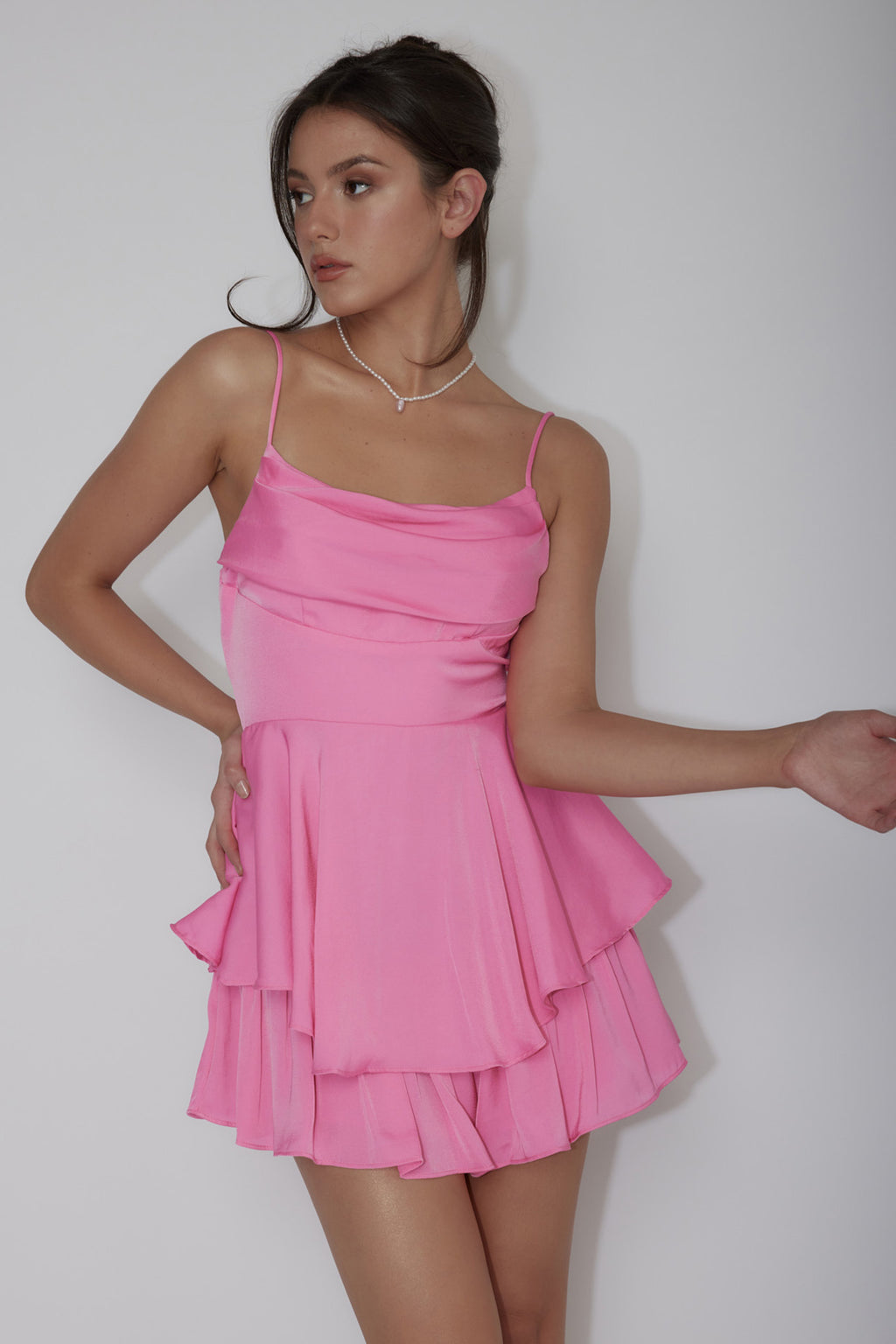 Well Versed Cowl Neck Flounce Romper Hot Pink by Selfie Leslie