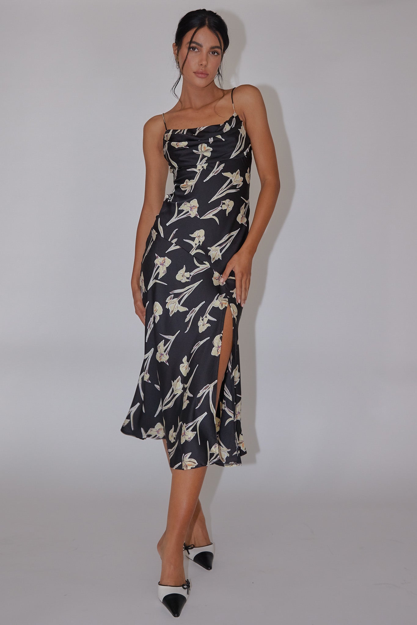 Well Versed Pleated Bust Front Split Dress Orchid Black by Selfie Leslie