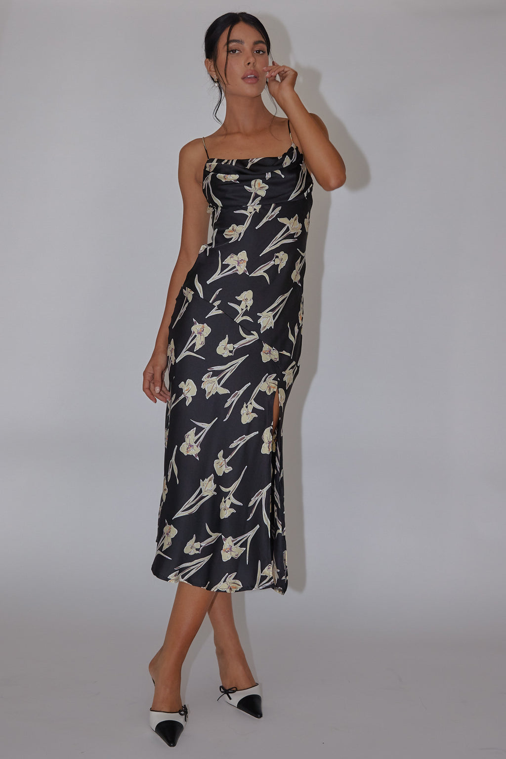 Well Versed Pleated Bust Front Split Dress Orchid Black by Selfie Leslie