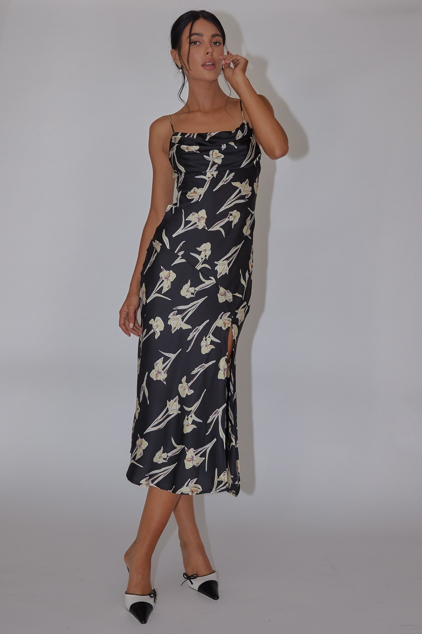 Well Versed Pleated Bust Front Split Dress Orchid Black by Selfie Leslie
