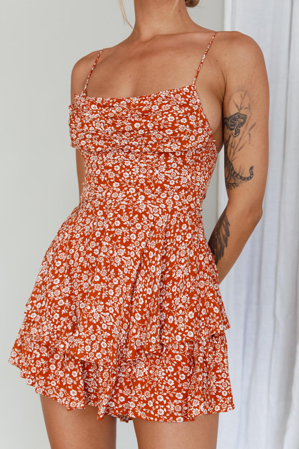 Well Versed Cowl Neck Flounce Romper Floral Orange by Selfie Leslie