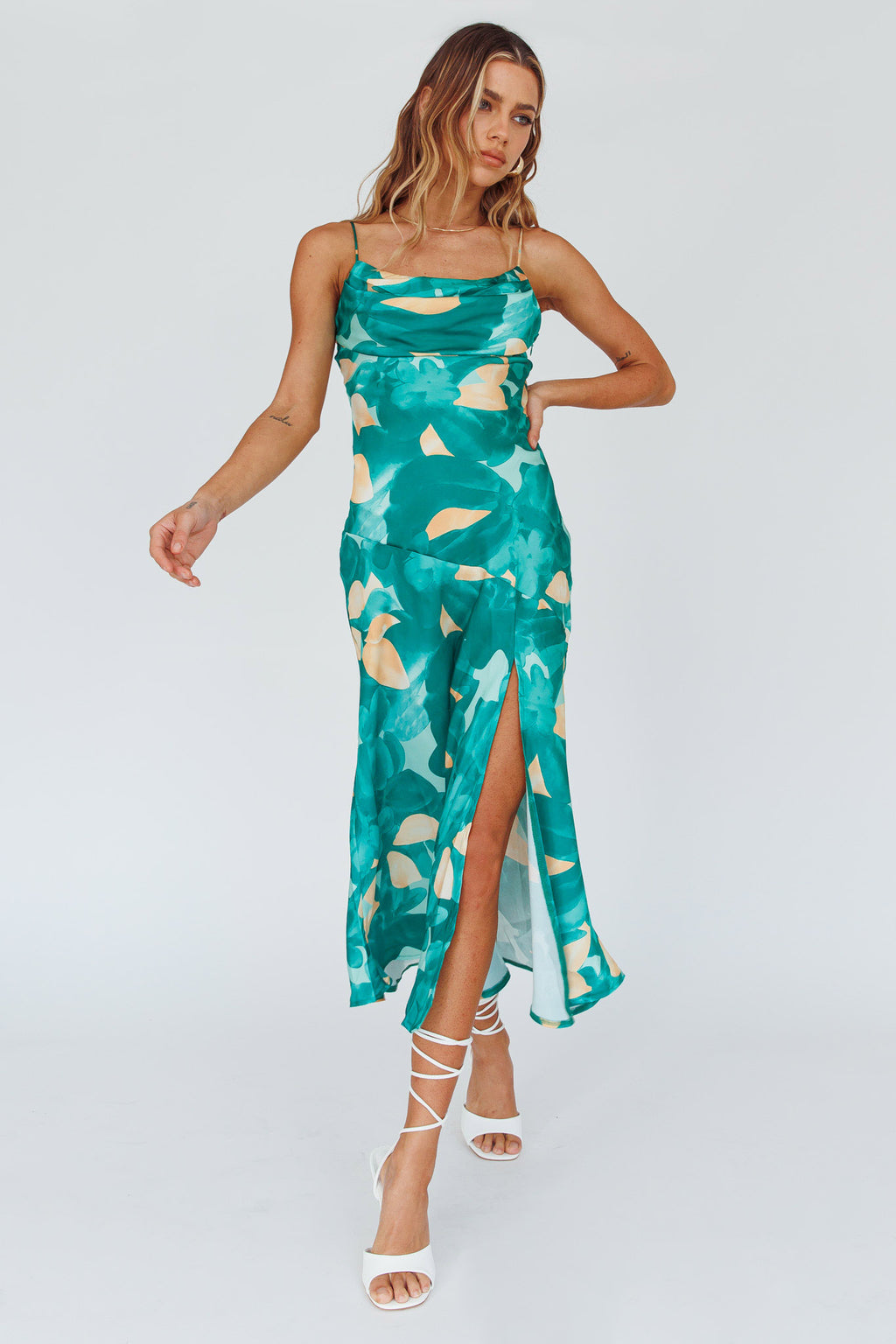 Well Versed Pleated Bust Front Split Dress Flora Green by Selfie Leslie