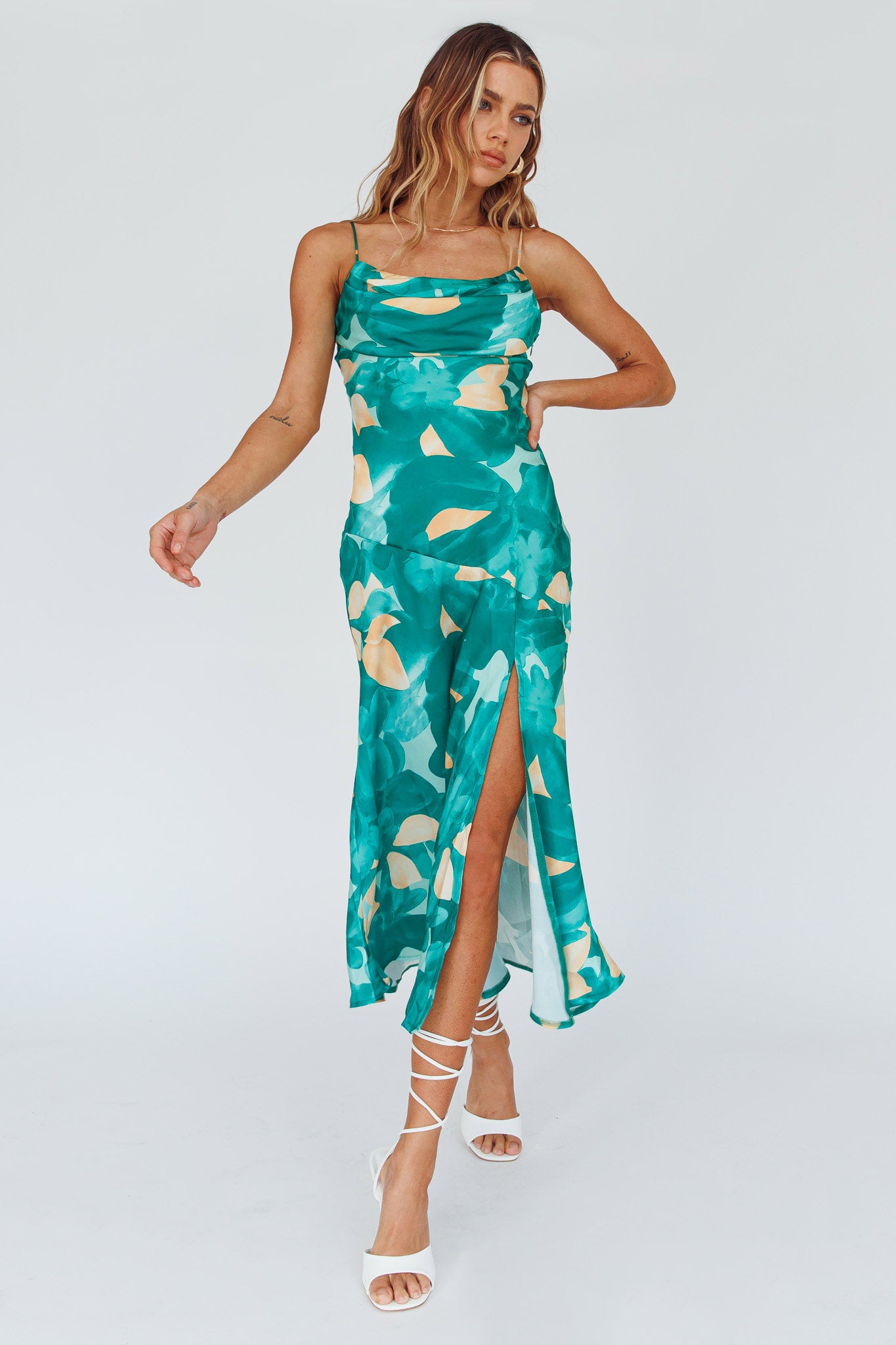 Well Versed Pleated Bust Front Split Dress Flora Green by Selfie Leslie