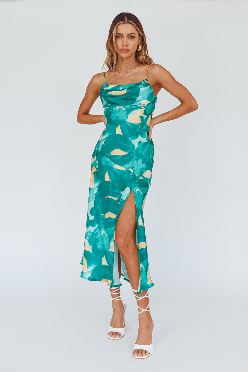Well Versed Pleated Bust Front Split Dress Flora Green by Selfie Leslie
