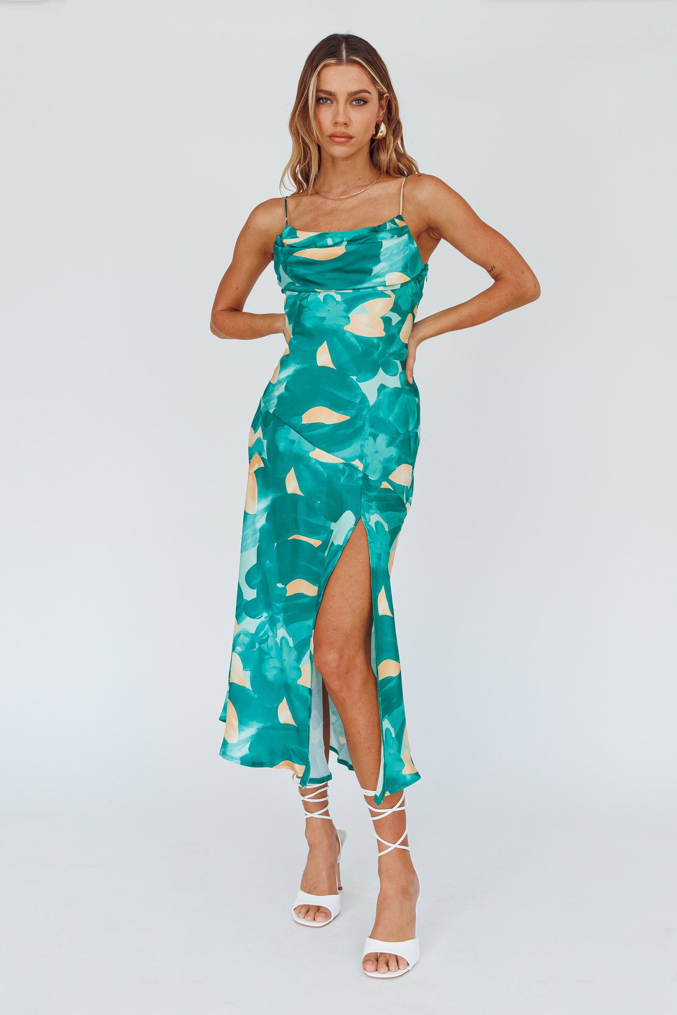 Well Versed Pleated Bust Front Split Dress Flora Green by Selfie Leslie