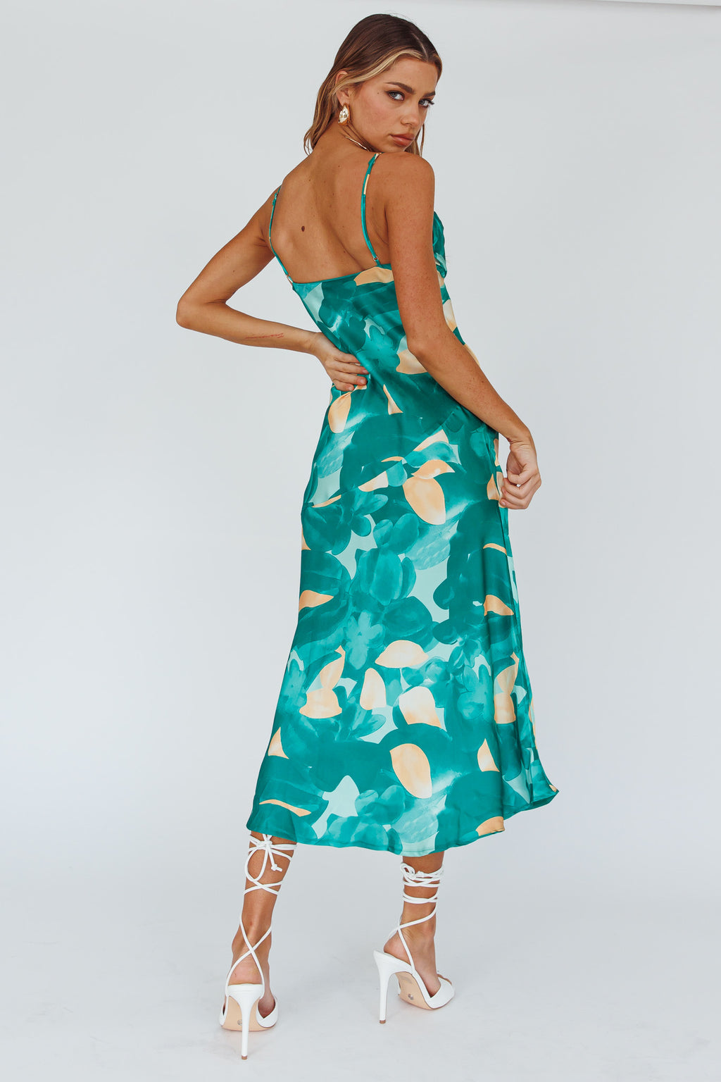 Well Versed Pleated Bust Front Split Dress Flora Green by Selfie Leslie