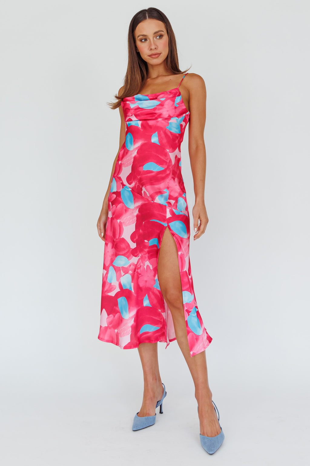 Well Versed Pleated Bust Front Split Dress Flora Pink by Selfie Leslie