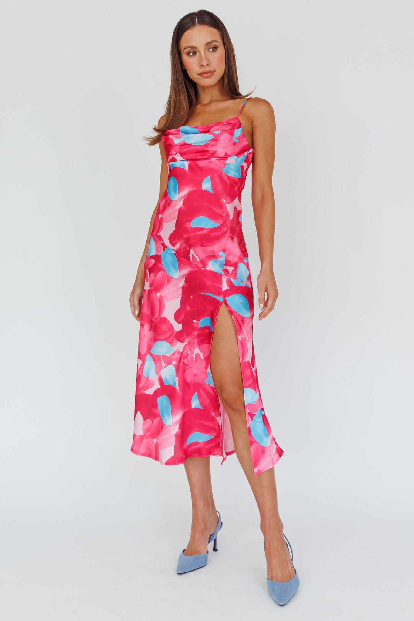 Well Versed Pleated Bust Front Split Dress Flora Pink by Selfie Leslie