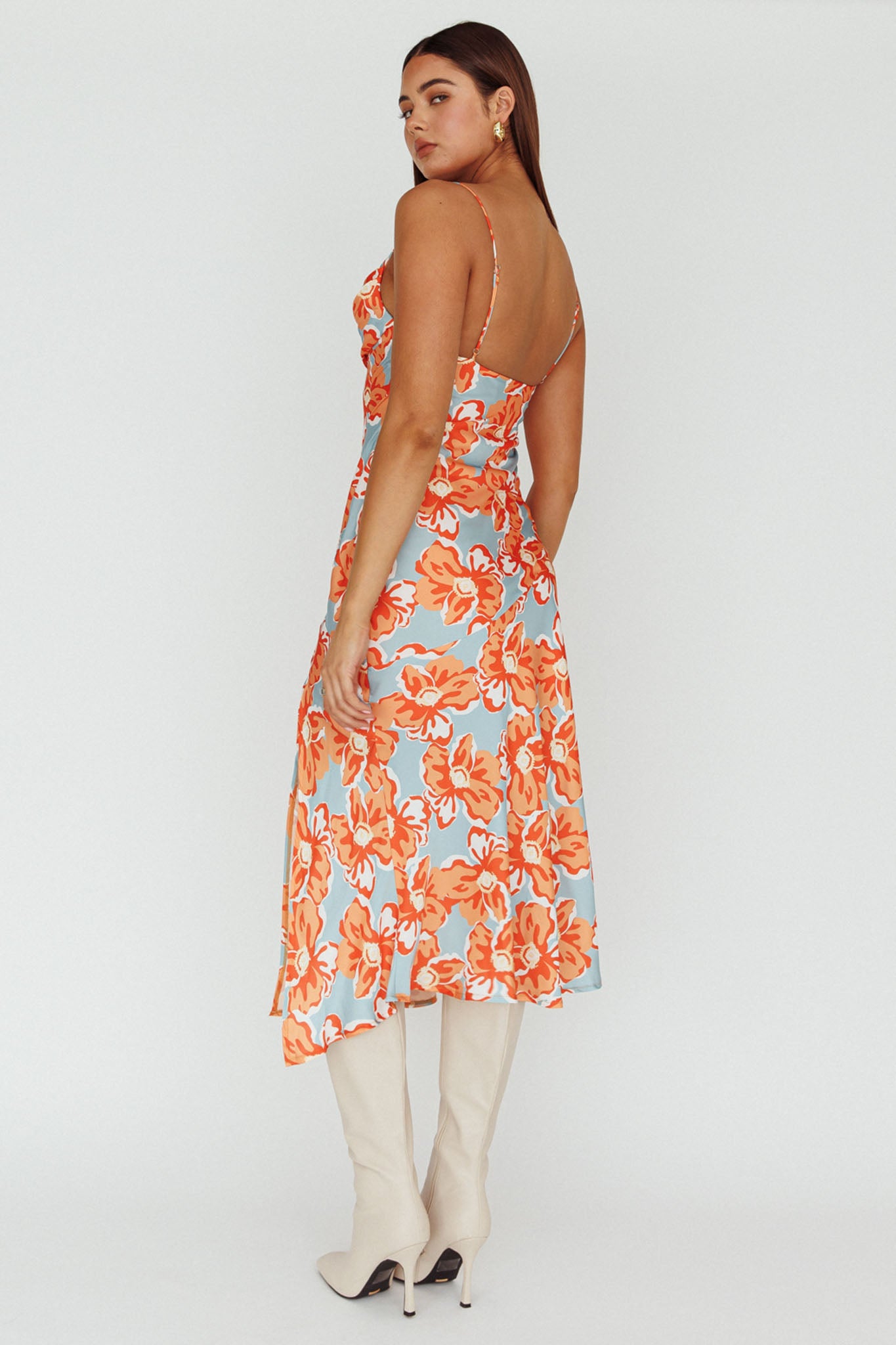 Well Versed Pleated Bust Front Split Dress Flowers Orange by Selfie Leslie