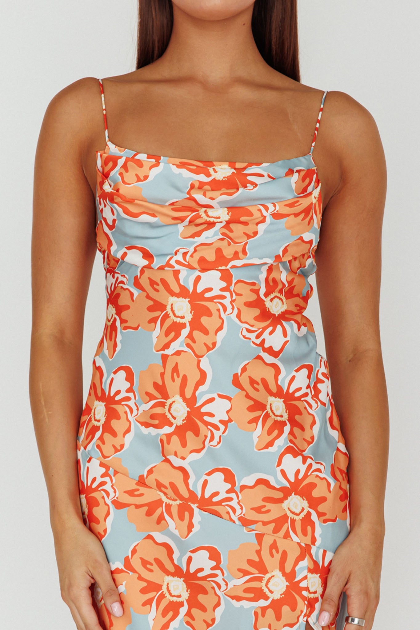 Well Versed Pleated Bust Front Split Dress Flowers Orange by Selfie Leslie