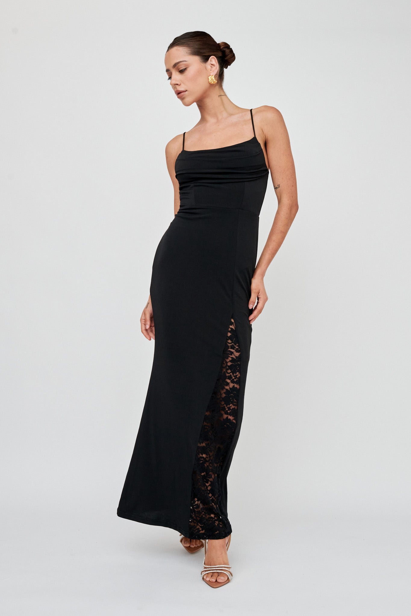fitted lace wedding dress Final Sale Plus Size Ruched Maxi Dress with Double Slits in Black main image 1