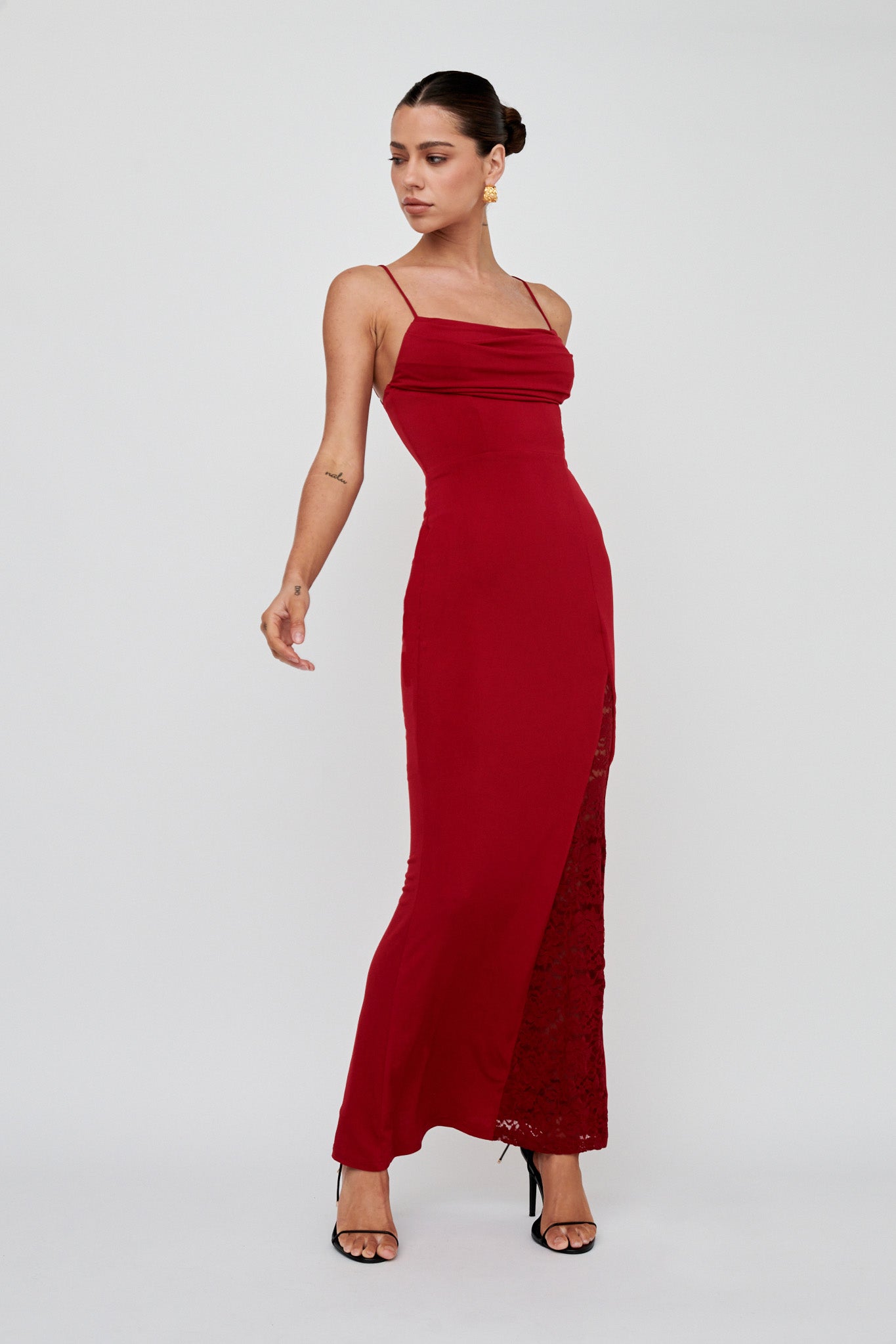 Well Versed Lace Split Maxi Dress Wine by Selfie Leslie