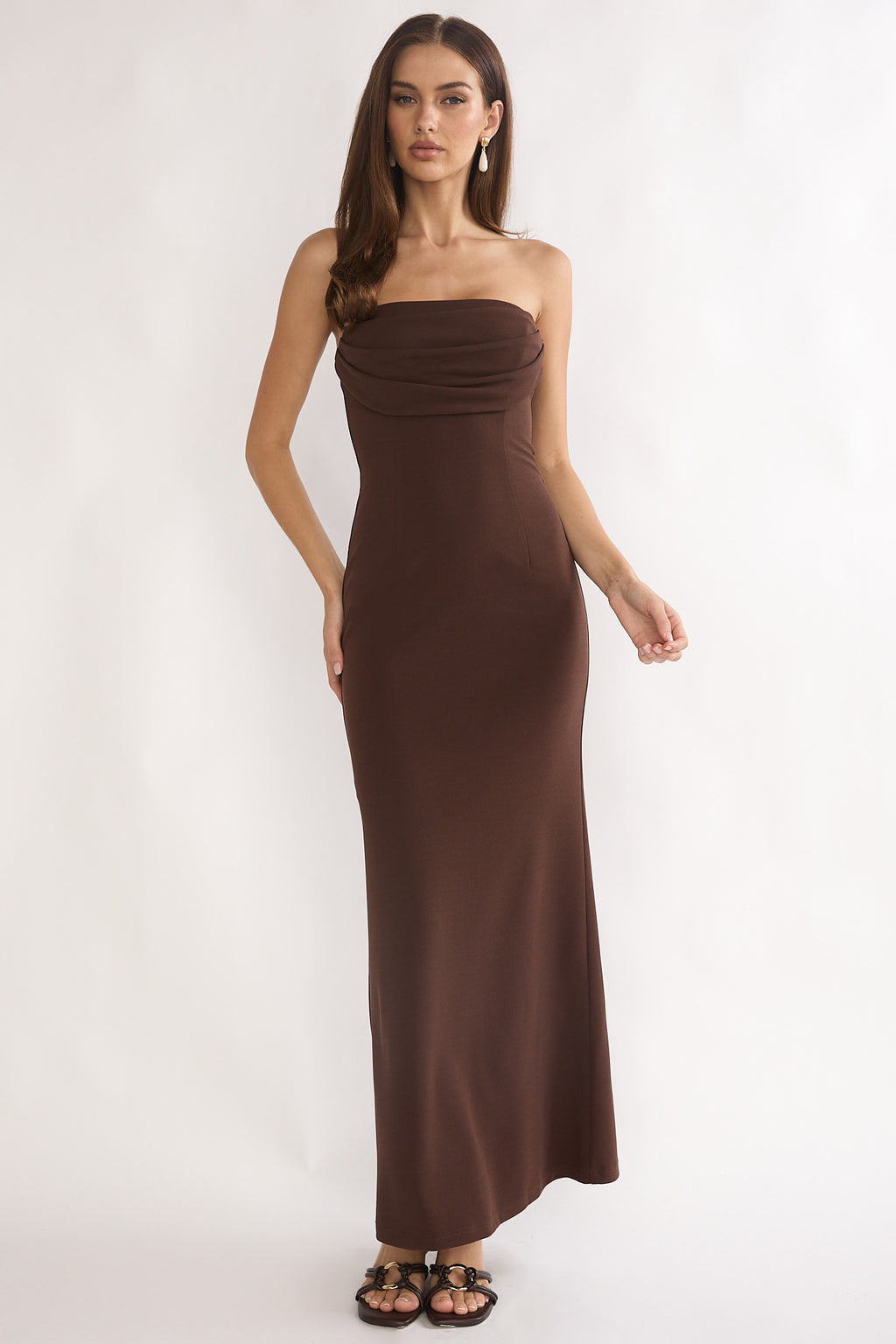 Well Versed Strapless Pleat Bust Maxi Dress Chocolate by Selfie Leslie