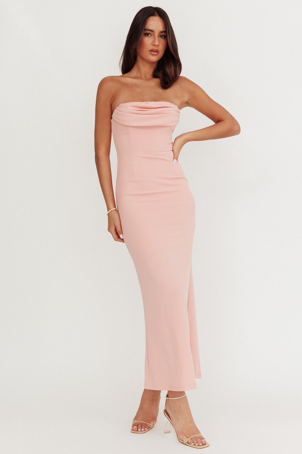 Well Versed Strapless Pleat Bust Maxi Dress Pink by Selfie Leslie