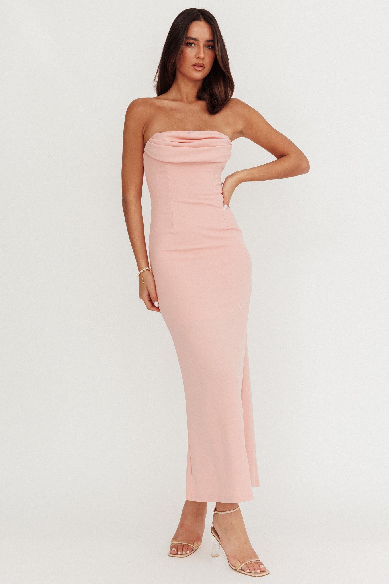 Well Versed Strapless Pleat Bust Maxi Dress Pink by Selfie Leslie