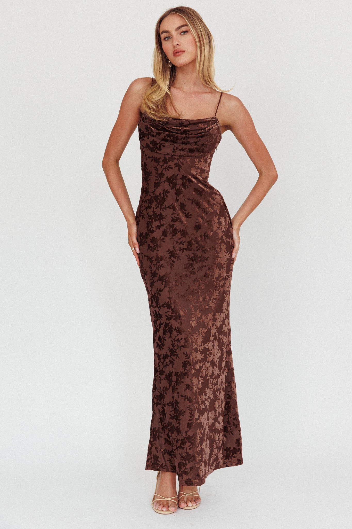 Well Versed Burnout Velvet Maxi Dress Chocolate by Selfie Leslie