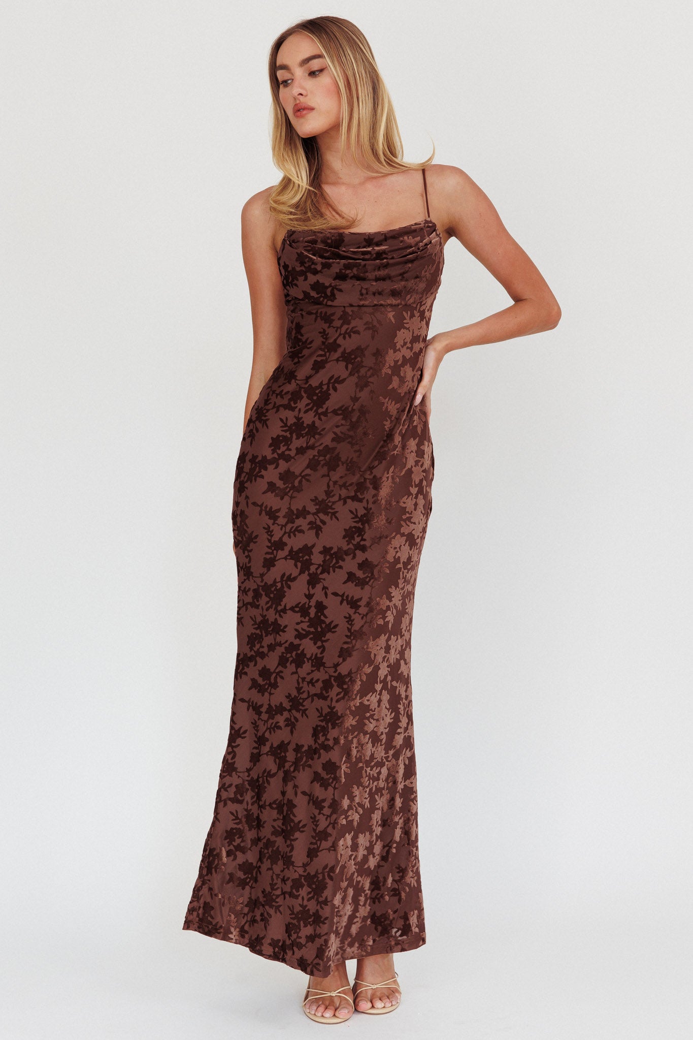 Well Versed Burnout Velvet Maxi Dress Chocolate by Selfie Leslie