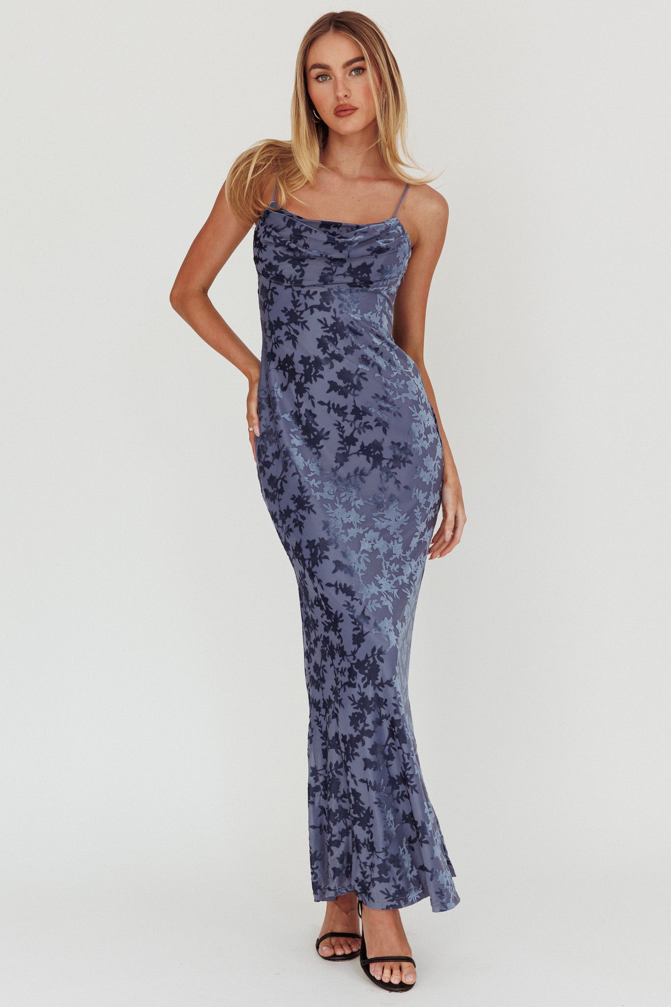 Well Versed Burnout Velvet Maxi Dress Slate Blue by Selfie Leslie