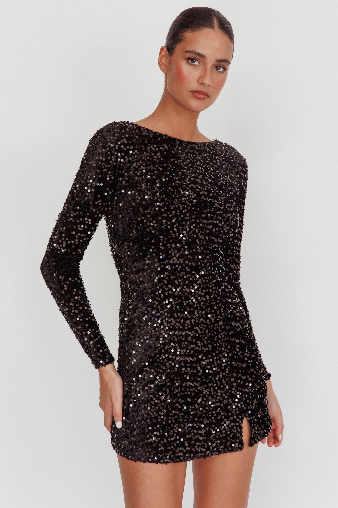 black glitter dress long sleeve Belinda in Sequin This garment fits true to size AX Paris Women's Black Sparkle
