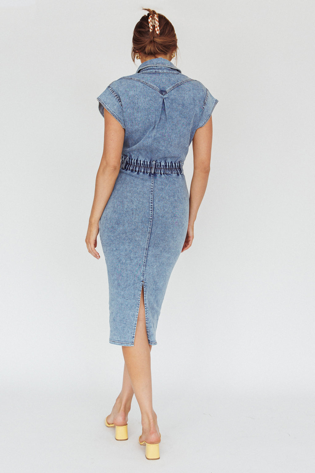 New Day Short Sleeve Button-Up Midi Dress Denim by Selfie Leslie