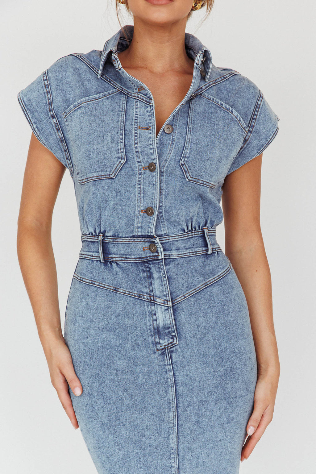 New Day Short Sleeve Button-Up Midi Dress Denim by Selfie Leslie