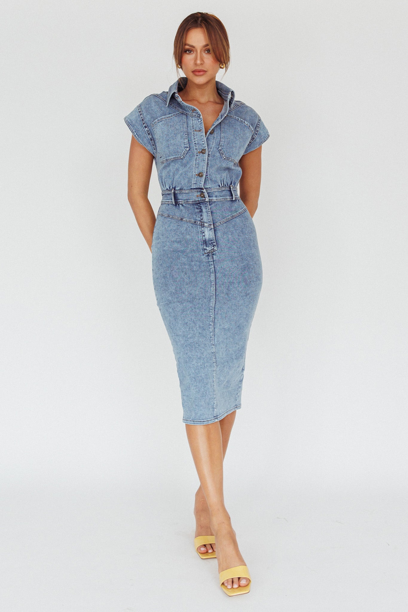 short sleeve womens denim dress Aileen Short Sleeve Denim Dress – Hinson Wu main image 1