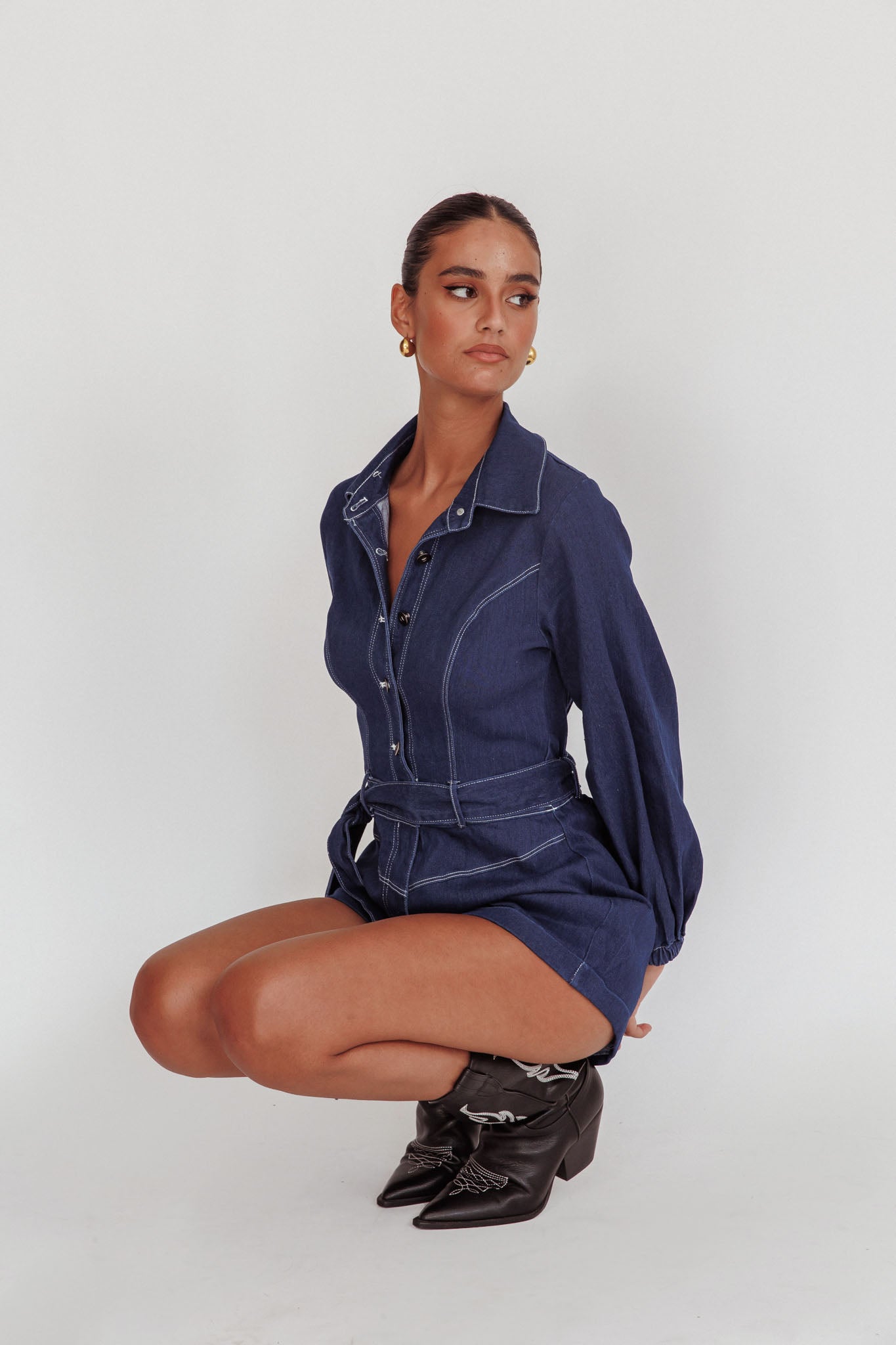 New Day Long Sleeve Button-Up Romper Indigo by Selfie Leslie