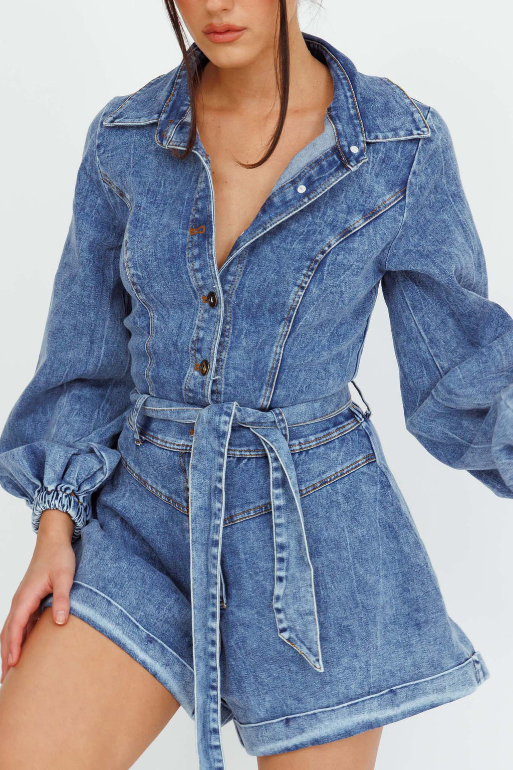 New Day Long Sleeve Button-Up Romper Denim by Selfie Leslie