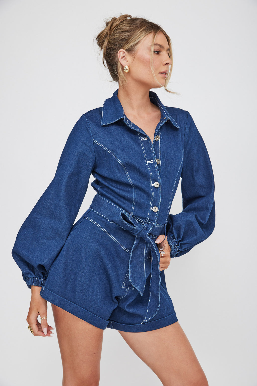 New Day Long Sleeve Button-Up Romper Indigo by Selfie Leslie