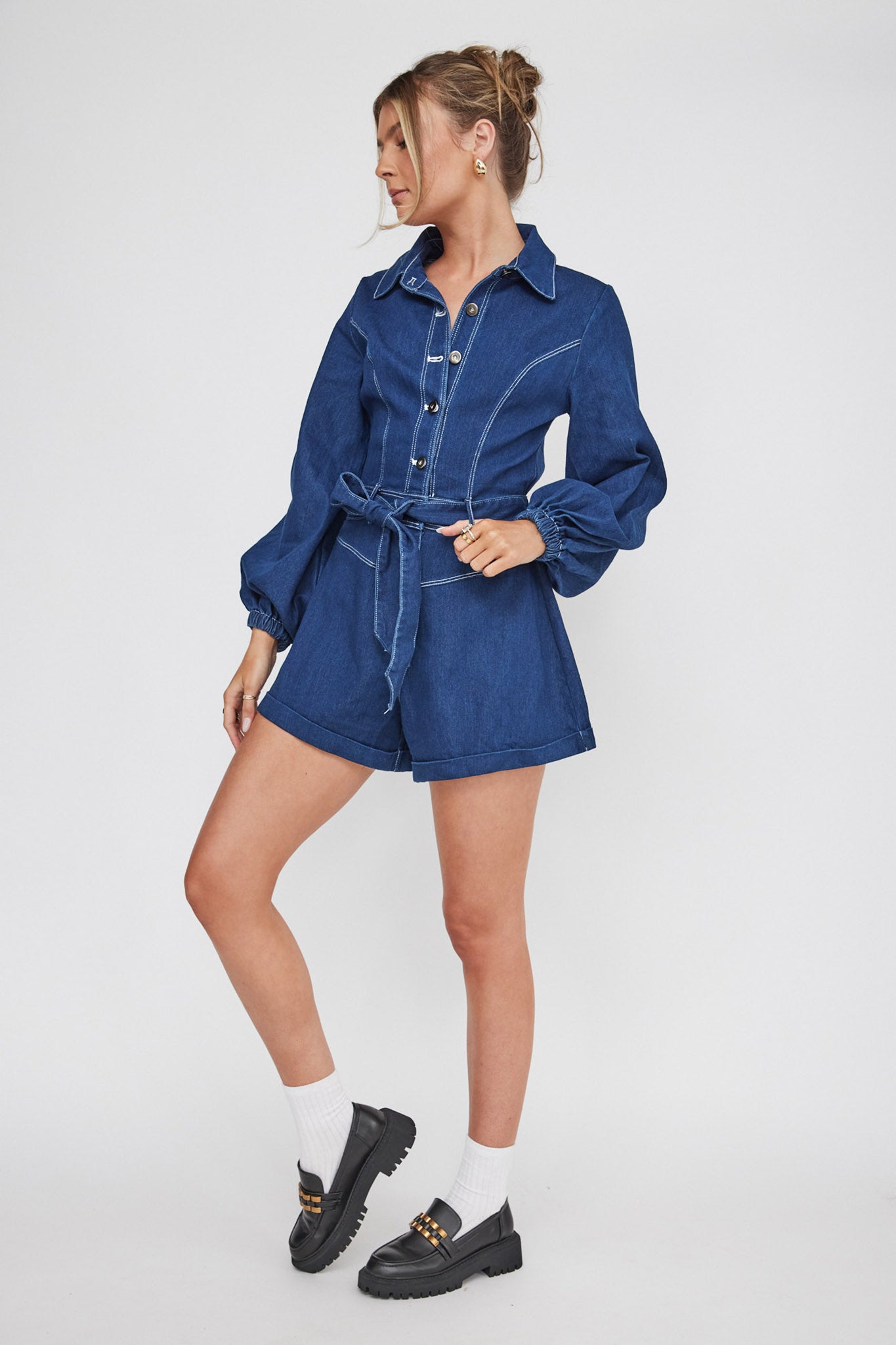 New Day Long Sleeve Button-Up Romper Indigo by Selfie Leslie