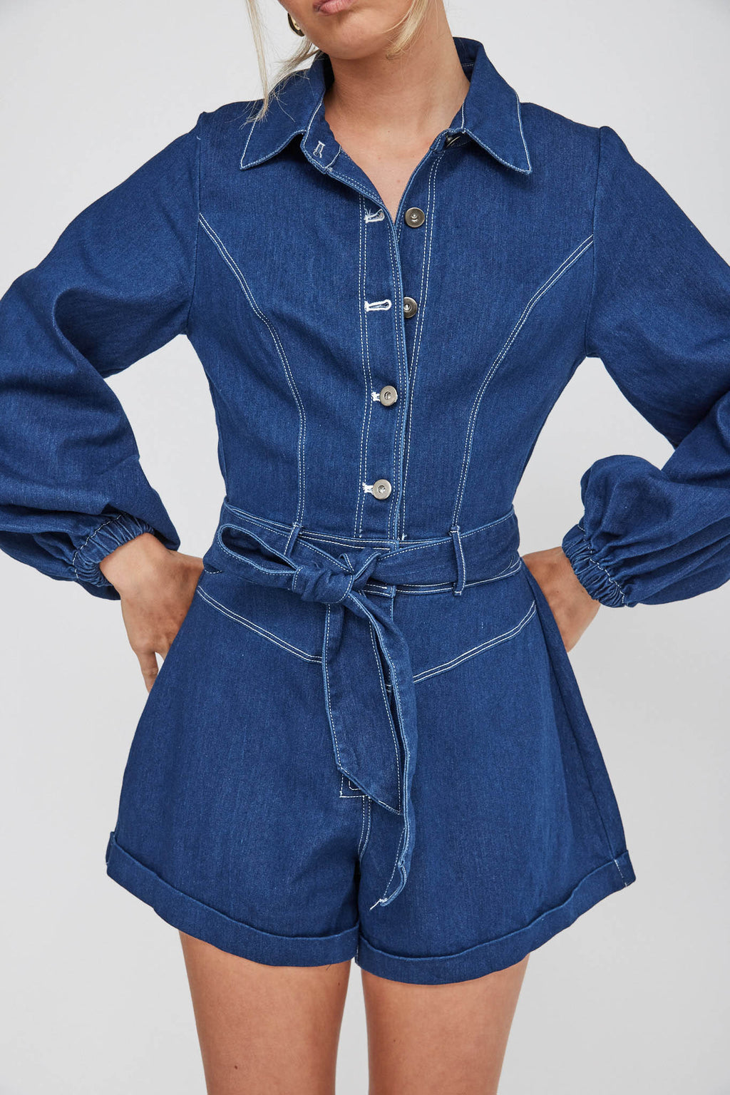 New Day Long Sleeve Button-Up Romper Indigo by Selfie Leslie