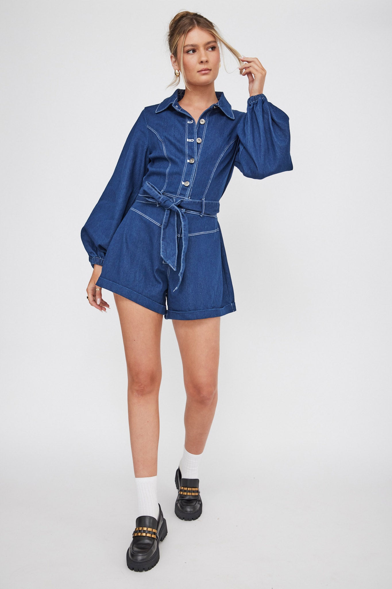 New Day Long Sleeve Button-Up Romper Indigo by Selfie Leslie