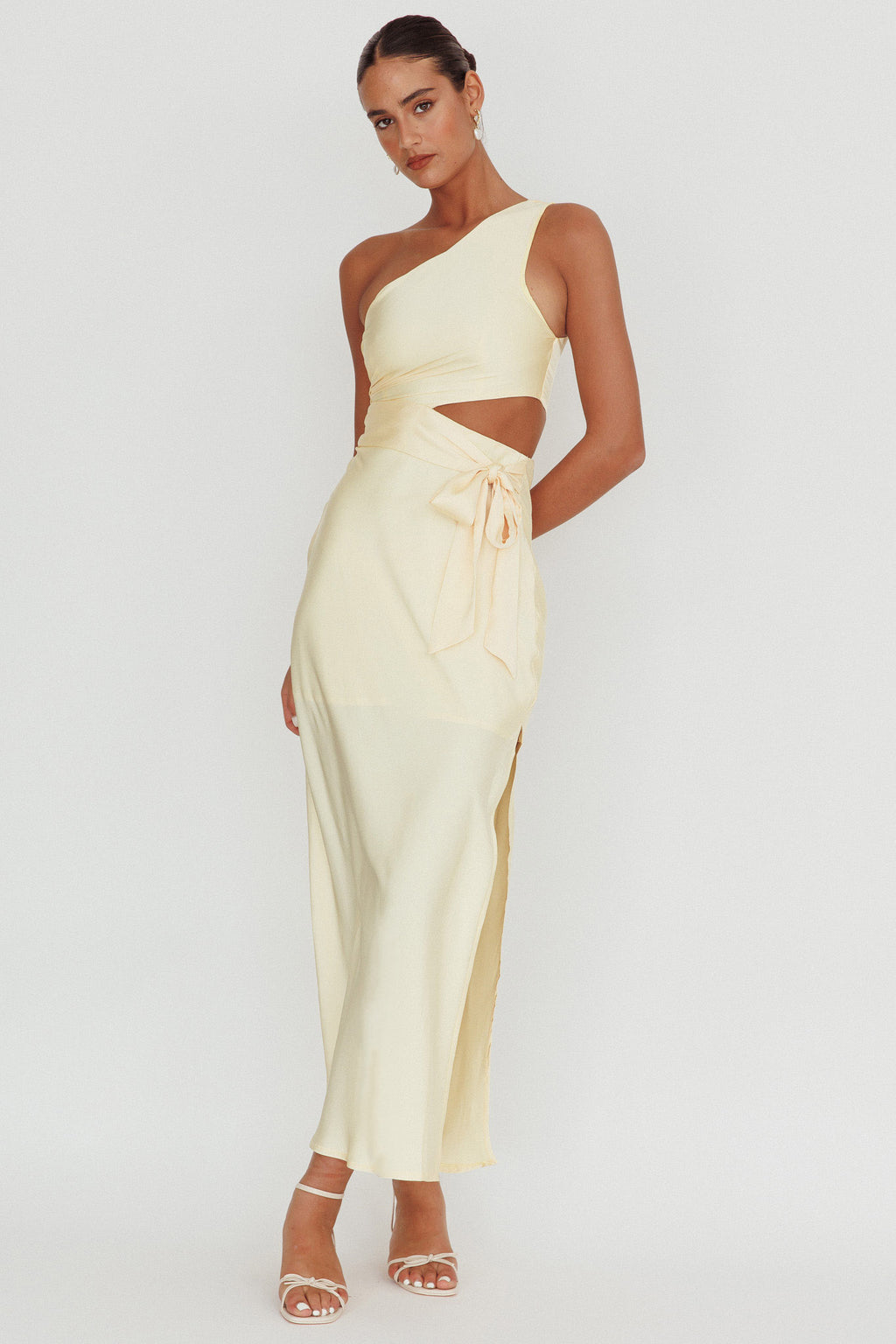 Abloom One Shoulder Satin Maxi Dress Butter by Selfie Leslie