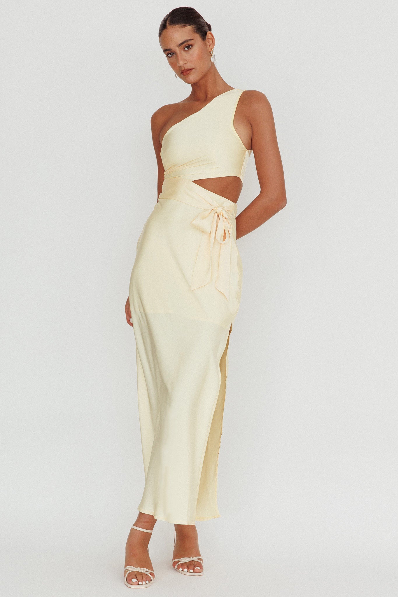 Abloom One Shoulder Satin Maxi Dress Butter by Selfie Leslie