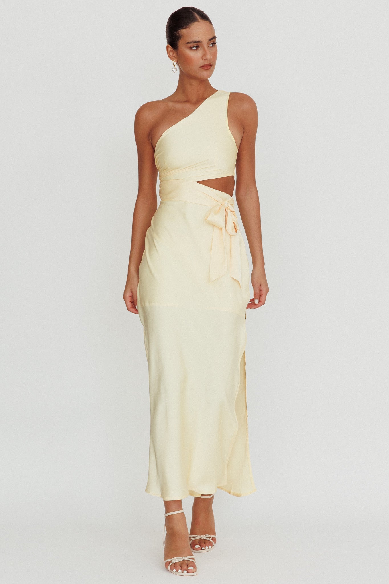 Abloom One Shoulder Satin Maxi Dress Butter by Selfie Leslie
