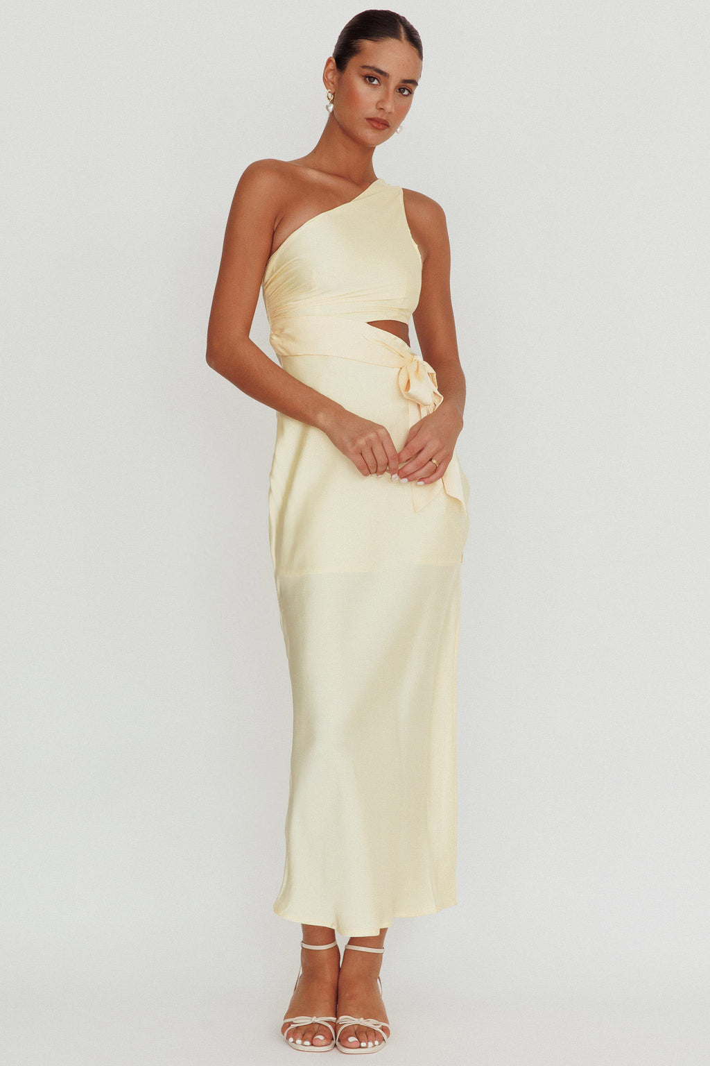 Abloom One Shoulder Satin Maxi Dress Butter by Selfie Leslie