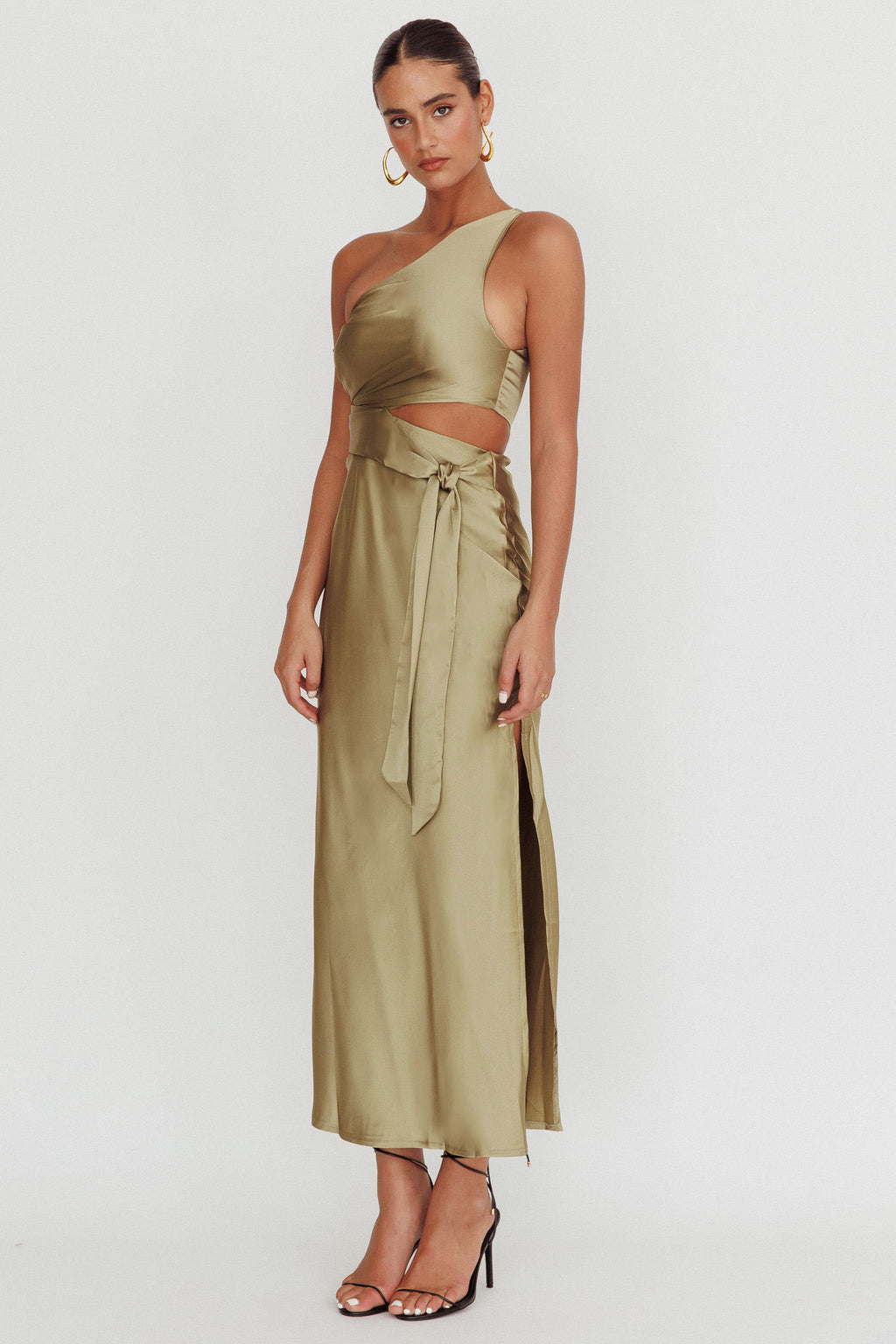 Abloom One Shoulder Satin Maxi Dress Khaki by Selfie Leslie