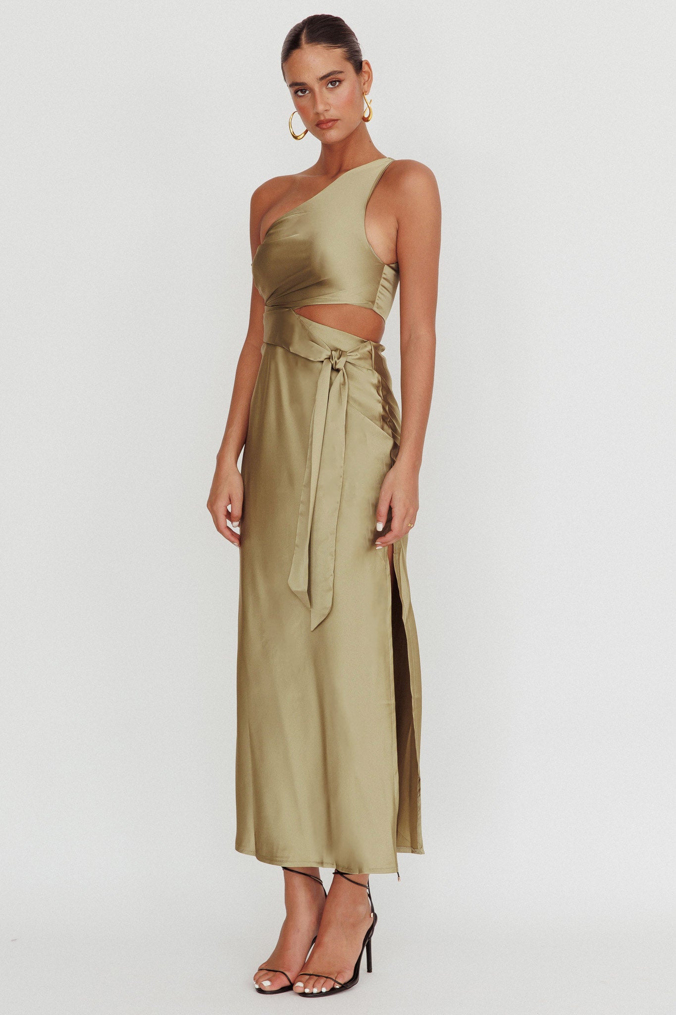 khaki satin maxi dress Abloom One Shoulder Satin Maxi Dress Khaki