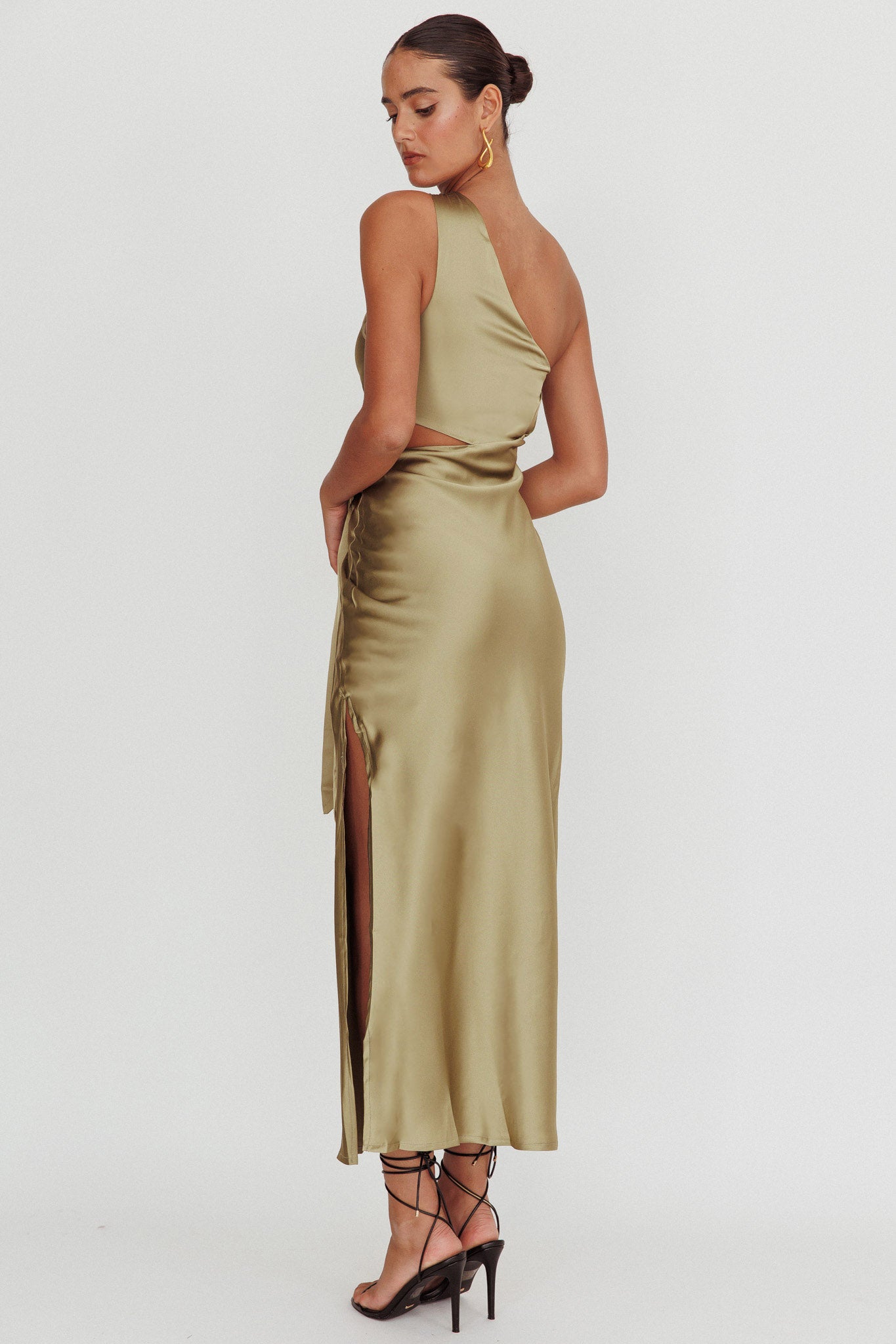 khaki satin maxi dress Abloom One Shoulder Satin Maxi Dress Khaki