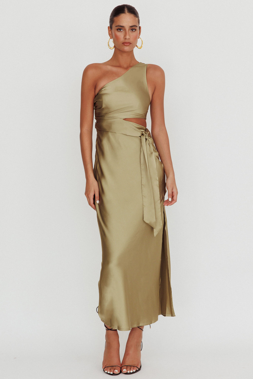 Abloom One Shoulder Satin Maxi Dress Khaki by Selfie Leslie